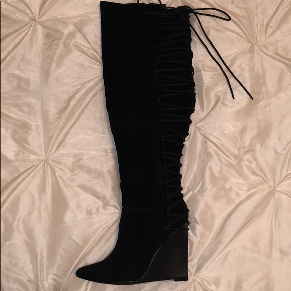 Shoe Dazzle Shoes - Black lace wedge boots